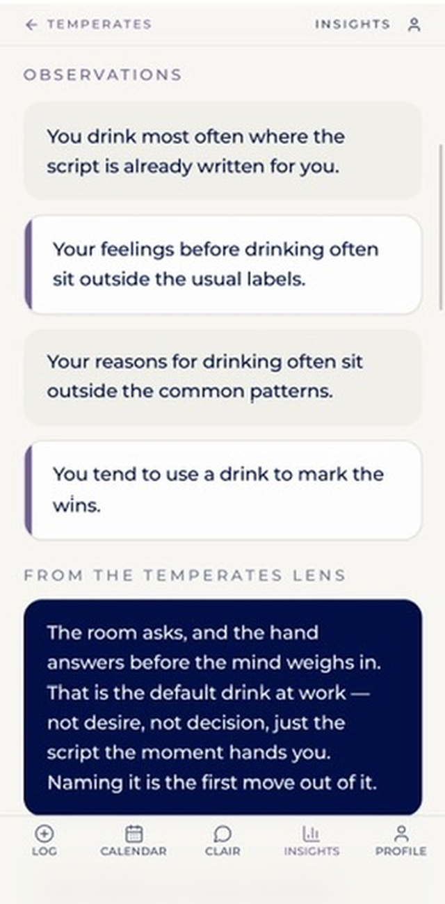 The Temperates app insights screen, showing plain-language observations about when and why drinks happen