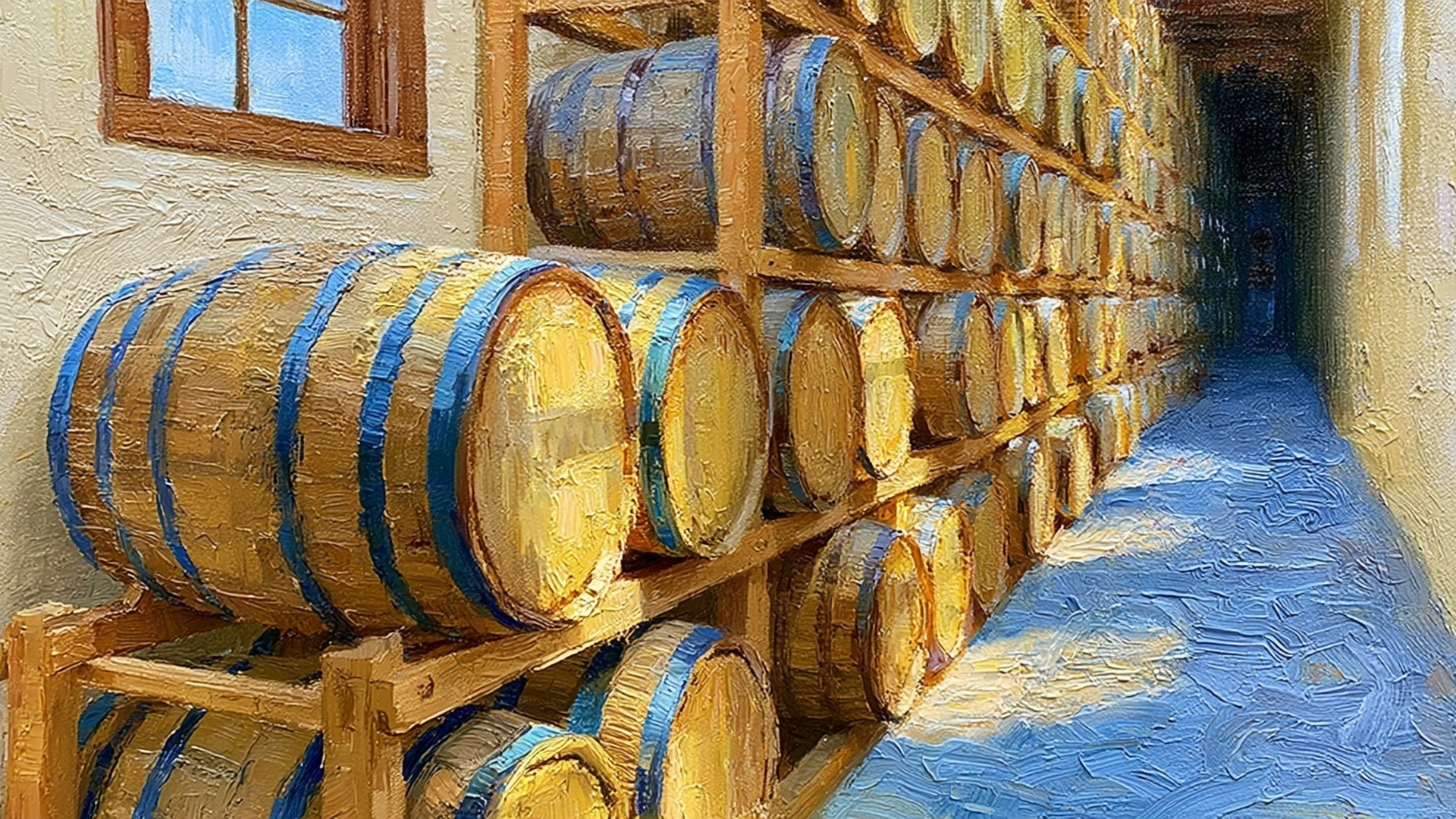 Oak whiskey barrels stacked on wooden racks in a warehouse, warm daylight across the barrel heads.